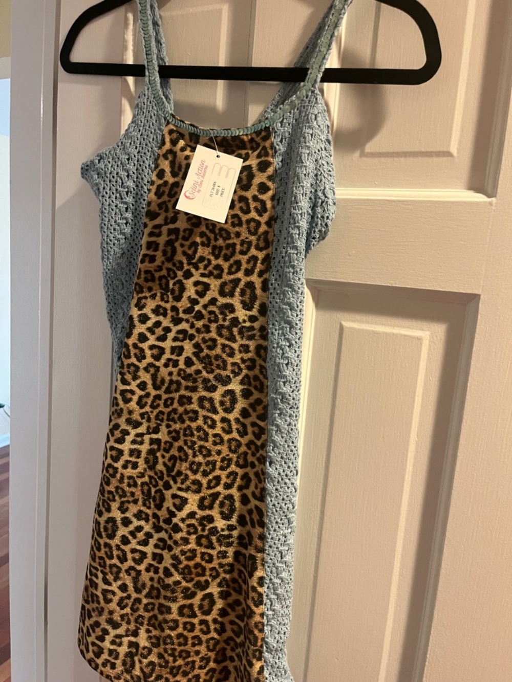 Leopard Print Panel pool Dress with Light Blue Crochet Sides